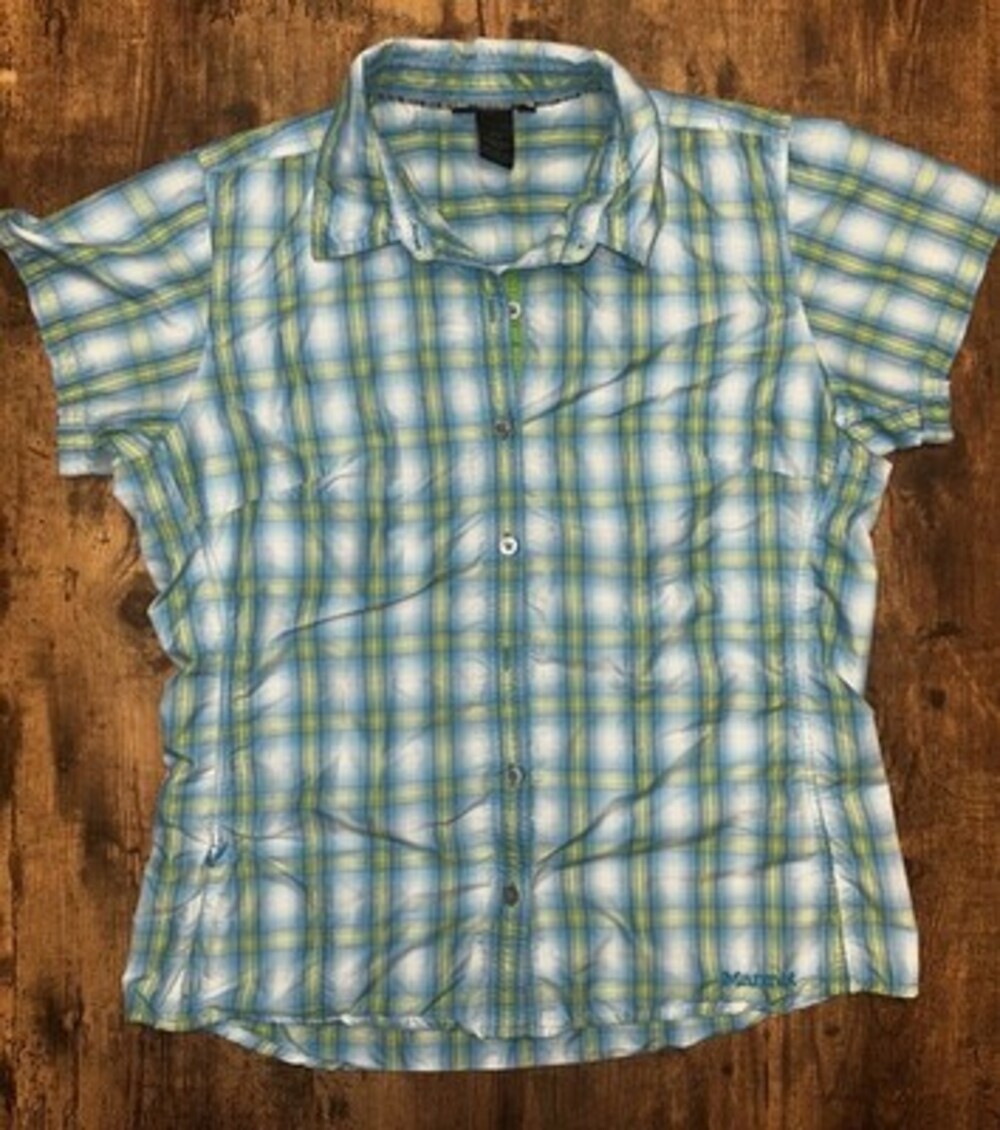 Marmot Women's Plaid Hiking Shirt Teal and Green Checkered Short Sleeve M